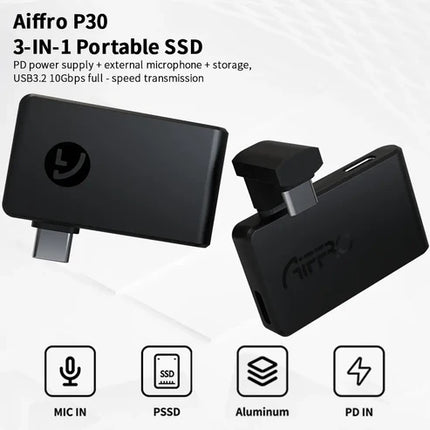 Портативный SSD-накопитель Aiffro P30 «3 в 1», поддерживает ProRes/Microphone, с интерфейсом PD, до 1000 МБ/с